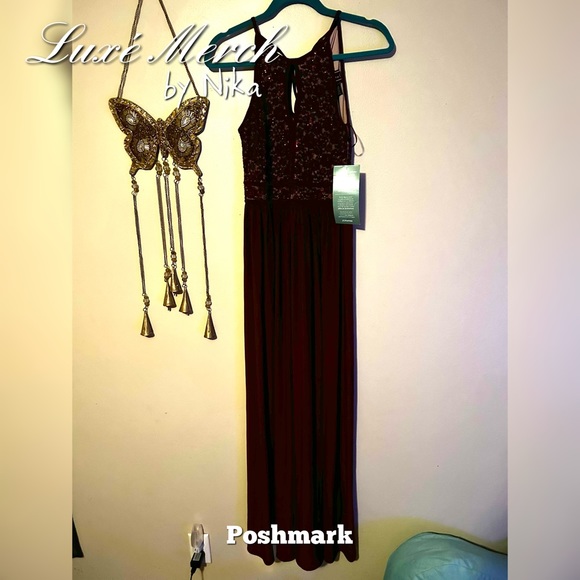 Morgan & Co Sequined Halter Maxi Formal Mermaid Dress - Color Merlot/Nude Size 5 - Picture 6 of 10